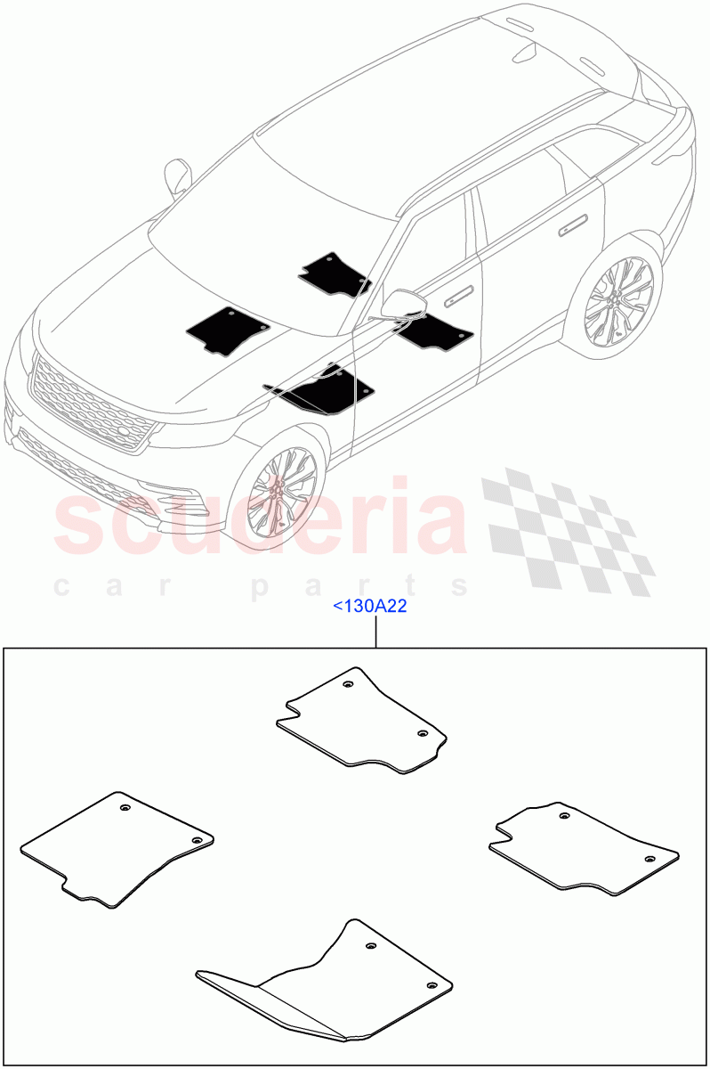 Floor Trim (Floor Mats) (Front Floor Carpet Mats, Front Floor Mats - Premium, Floor Mats - SVO Super Premium) of Land Rover Land Rover Range Rover Velar (2017+) [3.0 Diesel 24V DOHC TC]