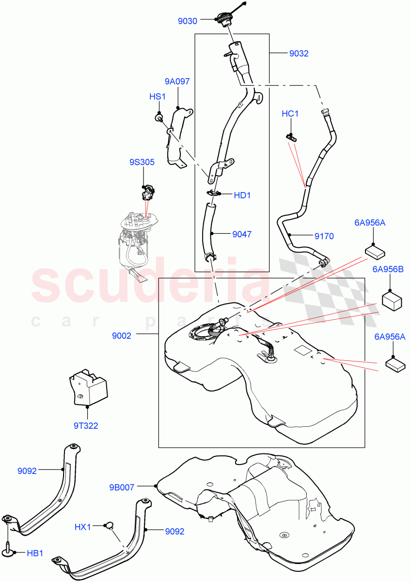 Fuel Tank & Related Parts (2.0L AJ20P4 Petrol High PTA, Halewood (UK), Pet Tank W/O Leak Det - Std Filter, Fuel Tank Filler Neck - Unleaded, 2.0L AJ20P4 Petrol Mid PTA, Pet Tank - Flex Fuel, 2.0L AJ20P4 Petrol E100 PTA) of Land Rover Land Rover Range Rover Evoque (2019+) [2.0 Turbo Petrol AJ200P]