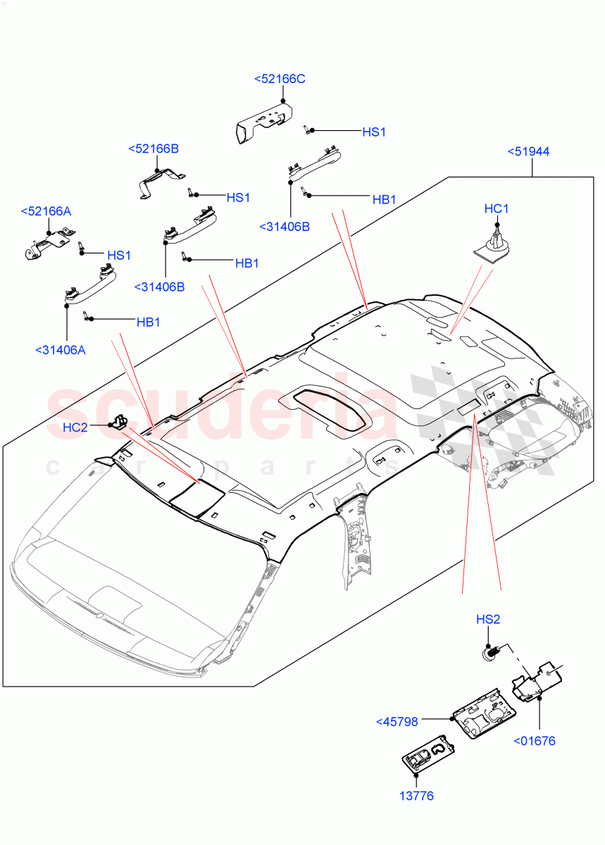 Headlining And Sun Visors (Solihull Plant Build) (Less Panorama Roof, Version - Core, With 5 Seat Configuration, With 7 Seat Configuration) ((V) FROMHA000001) of Land Rover Land Rover Discovery 5 (2017+) [3.0 I6 Turbo Petrol AJ20P6]