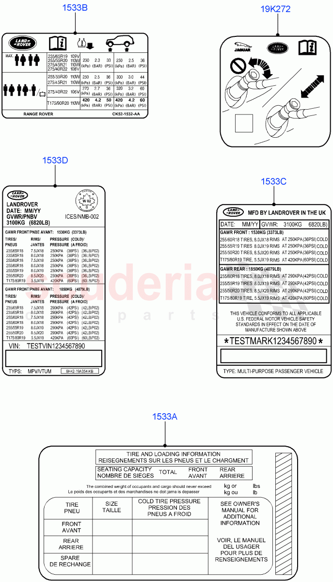 Labels (Solihull Plant Build, Tyre Pressure Label) ((V) FROMHA000001) of Land Rover Land Rover Discovery 5 (2017+) [3.0 Diesel 24V DOHC TC]