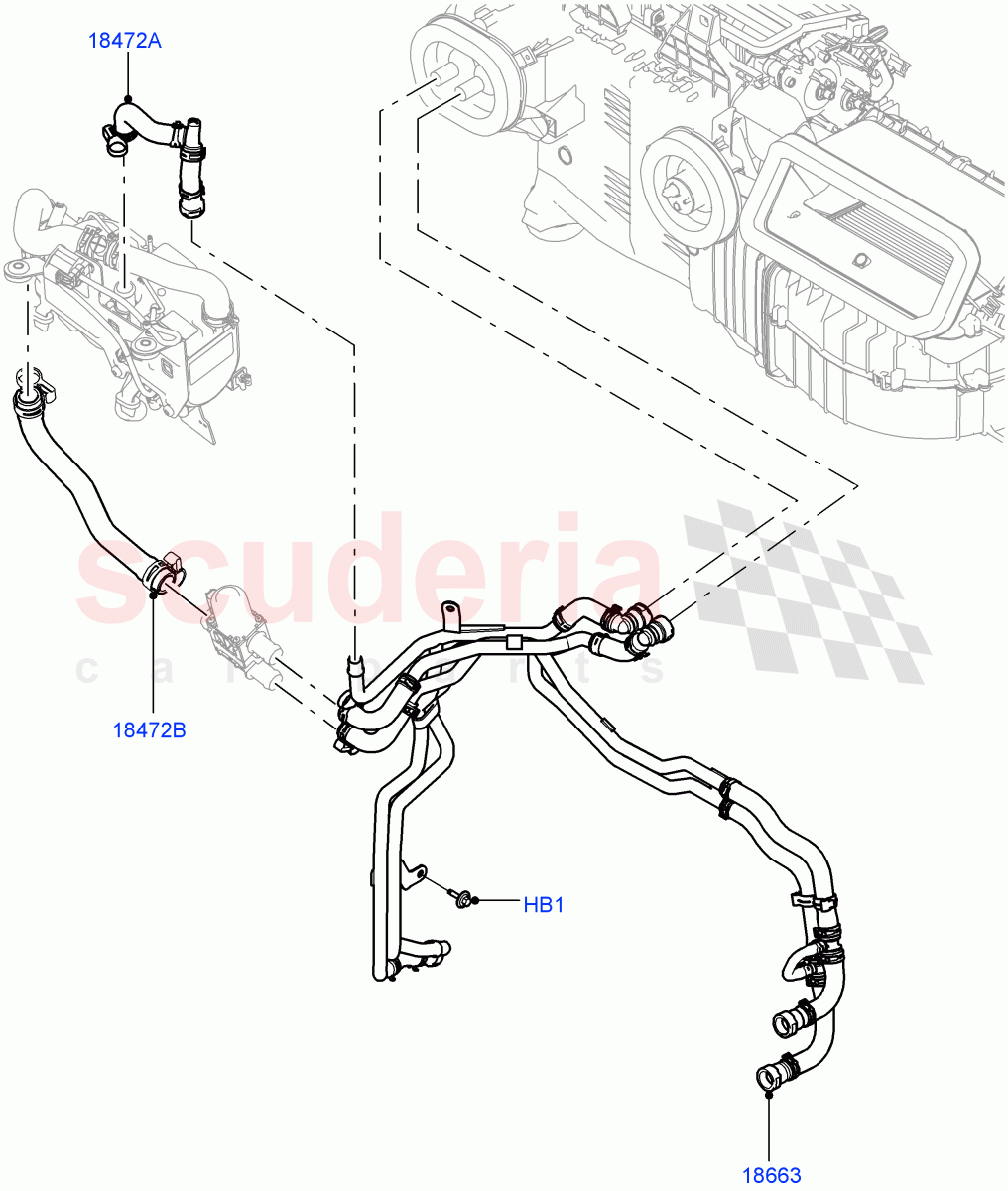 Heater Hoses (Solihull Plant Build) (2.0L I4 DSL MID DOHC AJ200, With Fuel Fired Heater, With Air Conditioning - Front/Rear, Park Heating With Remote Control, 2.0L I4 DSL HIGH DOHC AJ200) ((V) FROMHA000001, (V) TOHA999999) of Land Rover Land Rover Discovery 5 (2017+) [3.0 I6 Turbo Petrol AJ20P6]