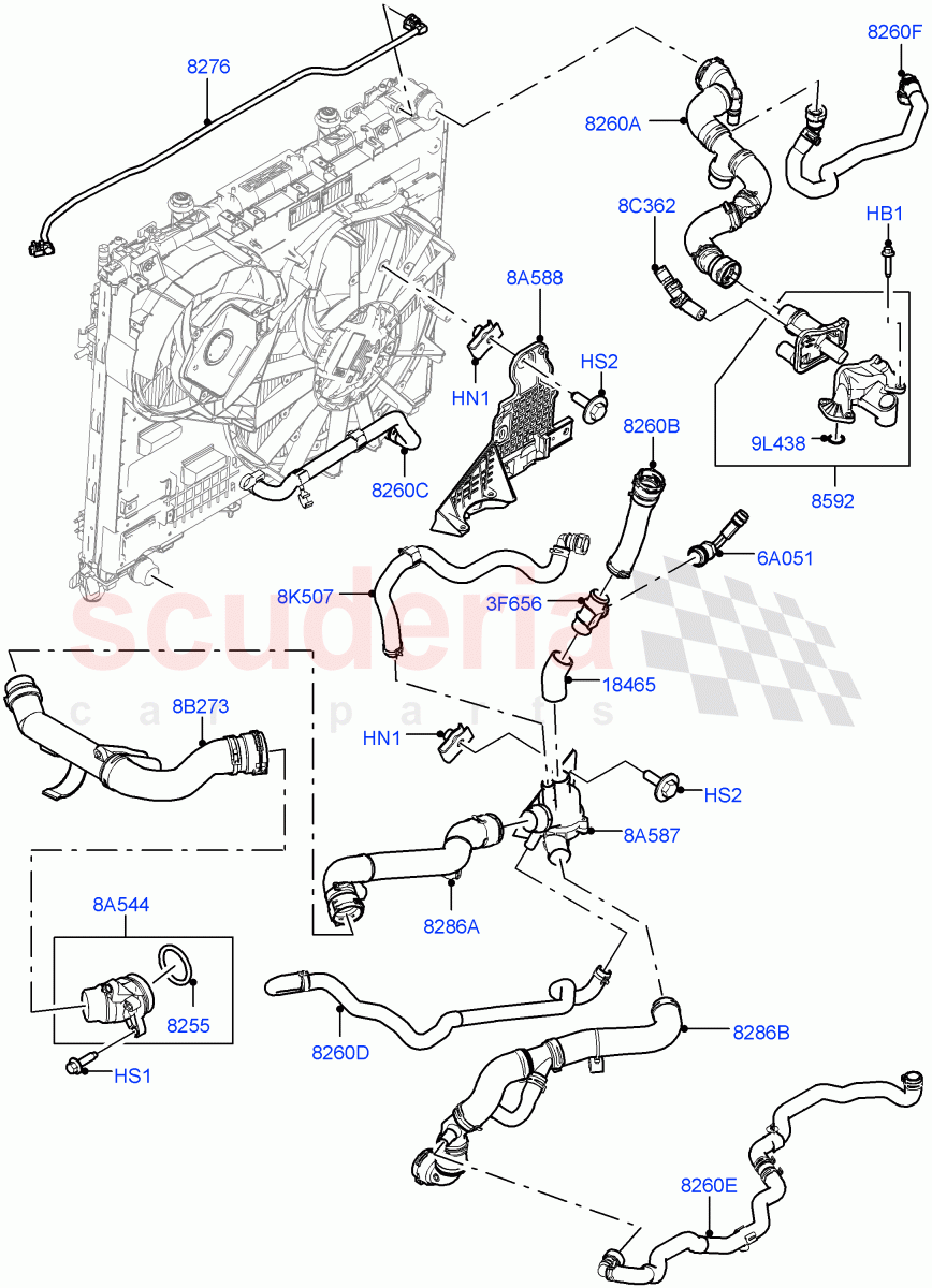 Cooling System Pipes And Hoses (Engine, Solihull Plant Build) (3.0 V6 D Gen2 Mono Turbo, Immersion Heater - 700W / 110V, Less Active Tranmission Warming) ((V) FROMKA000001) of Land Rover Land Rover Range Rover (2012-2021) [3.0 Diesel 24V DOHC TC]