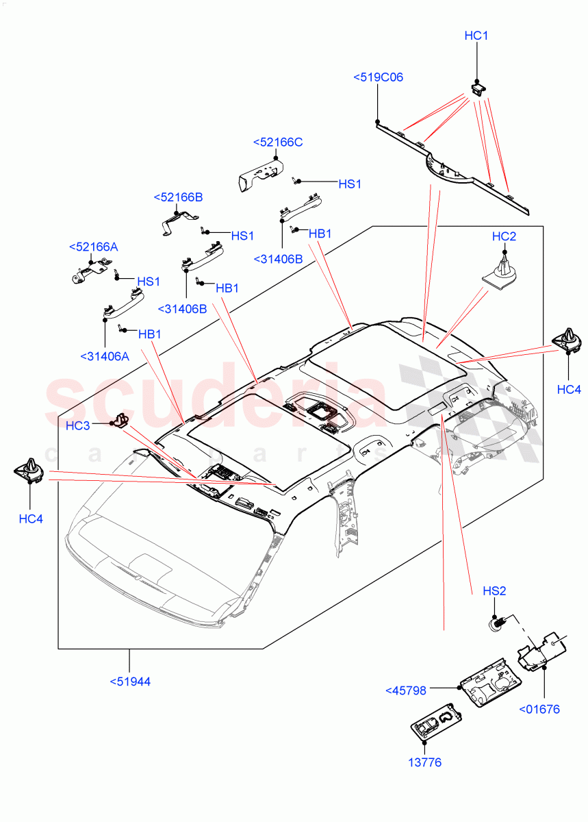 Headlining And Sun Visors (Solihull Plant Build) (Roof Conv-Front And Rear Panoramic, Version - Core, Roof Conv-Power Open Front/Rear Pan) ((V) FROMHA000001) of Land Rover Land Rover Discovery 5 (2017+) [2.0 Turbo Petrol AJ200P]