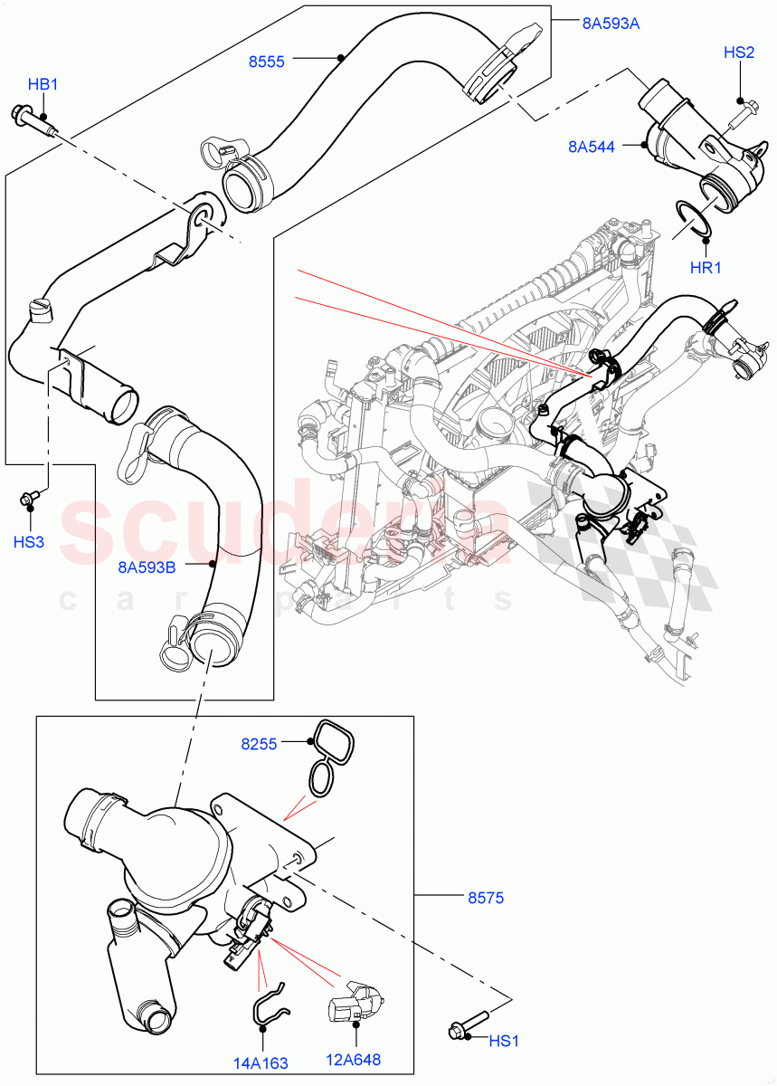 Thermostat/Housing & Related Parts (Solihull Plant Build) (2.0L I4 DSL HIGH DOHC AJ200, 2.0L I4 DSL MID DOHC AJ200) ((V) FROMHA000001) of Land Rover Land Rover Range Rover Velar (2017+) [2.0 Turbo Diesel]