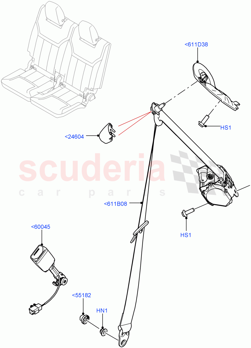 Rear Seat Belts (Solihull Plant Build, Row 3) (With 7 Seat Configuration) ((V) FROMHA000001) of Land Rover Land Rover Discovery 5 (2017+) [3.0 DOHC GDI SC V6 Petrol]